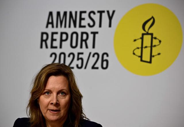 ### EMBARGOED TILL 21.04.2026 ### 

The Secretary General of the German section of Amnesty International Julia Duchrow addresses journalists to comment on Amnesty International's 2025/2026 annual report in Berlin on April 20, 2026. (Photo by Tobias SCHWARZ / AFP)