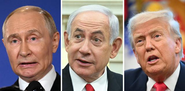 (COMBO) This combination of file photos assembled on April 20, 2026 shows (L to R) Russian President Vladimir Putin speaking after participating in a US-Russia summit in Anchorage, Alaska, on August 15, 2025; Israeli Prime Minister Benjamin Netanyahu during a meeting with the US president in Washington, DC on April 7, 2025; and US President Donald Trump speaking in the Oval Office in Washington, DC on August 14, 2025. The leaders of the United States, Israel and Russia are seeking to impose a new "predatory" world order while most countries are too cowardly to stop them, rights group Amnesty International said on April 21, 2026. Launching the global group's annual report in London, Secretary General Agnes Callamard condemned US President Donald Trump, Russia's Vladimir Putin and Israel's Benjamin Netanyahu as "predators". (Photo by AFP)