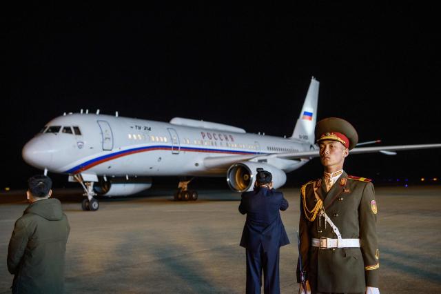 A plane carrying Russia’s Minister of Internal Affairs Vladimir Kolokoltsev and an accompanying delegation arrives at Pyongyang International Airport on April 20, 2026. (Photo by KIM Won Jin / AFP)