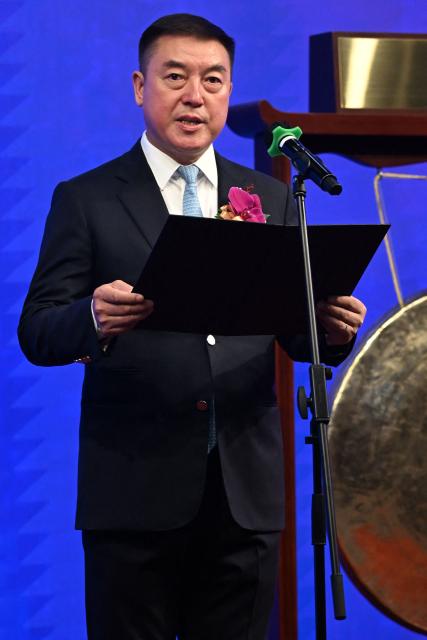 Chairman of Victory Giant Technology Chen Tao speaks at the launch of his company's IPO at the Hong Kong Exchanges and Clearing Limited (HKEX) In Hong Kong on April 21, 2026. (Photo by Peter PARKS / AFP)