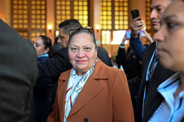 (FILES) Guatemala's Attorney General, Consuelo Porras, takes part in the vote to choose magistrates for the Constitutional Court at the Association of Attorneys and Notaries in Guatemala City on February 12, 2026. Guatemala's attorney general, who has been sanctioned by the United States on allegations of corruption, was not shortlisted to run again on April 20, 2026, by the legal committee that selects candidates. (Photo by JOHAN ORDONEZ / AFP)