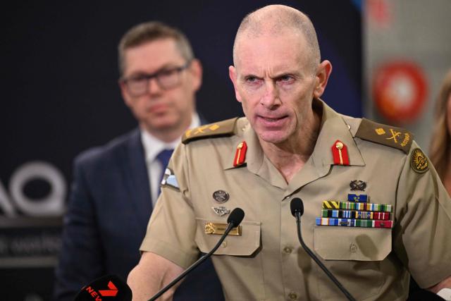Australian Defence Force (ADF) Major General Hugh Meggitt speaks during a press conference as the Australian Government announces it will invest 5 billion USD over the next decade in counter drones for the Australian Defence Force (ADF), in Melbourne on April 21, 2026 (Photo by William WEST / AFP)