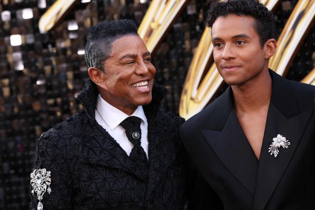 US singer-songwriter Jermaine Jackson (L) and son US actor Jaafar Jackson attend the Los Angeles premiere of Lionsgate's "Michael" at the Dolby Theatre in Hollywood, California on April 20, 2026. (Photo by VALERIE MACON / AFP)