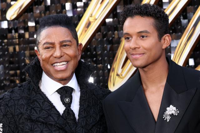 US singer-songwriter Jermaine Jackson (L) and son US actor Jaafar Jackson attend the Los Angeles premiere of Lionsgate's "Michael" at the Dolby Theatre in Hollywood, California on April 20, 2026. (Photo by VALERIE MACON / AFP)