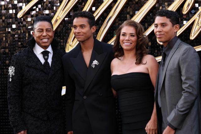 (L/R) US singer-songwriter Jermaine Jackson, son US actor Jaafar Jackson, Alejandra Genevieve Oaziaza and son Jermajesty Jackson attend the Los Angeles premiere of Lionsgate's "Michael" at the Dolby Theatre in Hollywood, California on April 20, 2026. (Photo by VALERIE MACON / AFP)