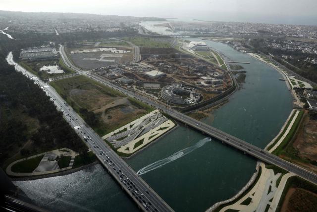 A view of the Bouregreg River, the Atlantic Ocean, and parts of the city of Rabat seen from the observation deck of the Mohammed VI Tower, in Sale on April 20, 2026. (Photo by Abdel Majid BZIOUAT / AFP)