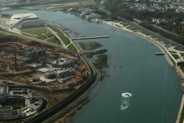 A jetski is seen in the Bouregreg River from the observation deck of the Mohammed VI Tower, in Sale on April 20, 2026. (Photo by Abdel Majid BZIOUAT / AFP)