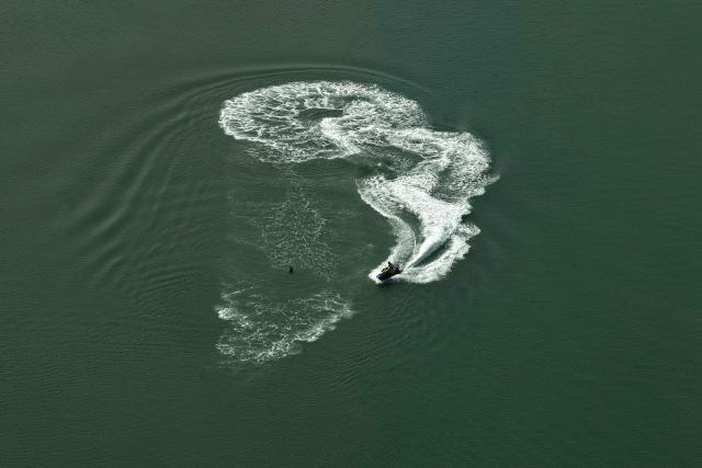 A jetski is seen in the Bouregreg River from the observation deck of the Mohammed VI Tower, in Sale on April 20, 2026. (Photo by Abdel Majid BZIOUAT / AFP)