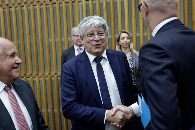 La France Insoumise - Nouveau Front Populaire's MP and Chair of the Finance Committee of the National Assembly Eric Coquerel (C) arrives at the public finances alert committee at the Ministry of Economics and Finance in Paris on April 21, 2026. (Photo by STEPHANE DE SAKUTIN / AFP)