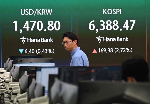 A currency dealer walks past a screen showing South Korea's benchmark stock index (KOSPI) and the Korean won/USD exchange rate in a foreign exchange dealing room at the Hana Bank headquarters in Seoul on April 21, 2026. South Korea's benchmark Kospi stock index closed at a record high on April 21 as a rally in tech firms helped it recover the steep losses suffered during a rout triggered by the war in the Middle East. (Photo by Jung Yeon-je / AFP)