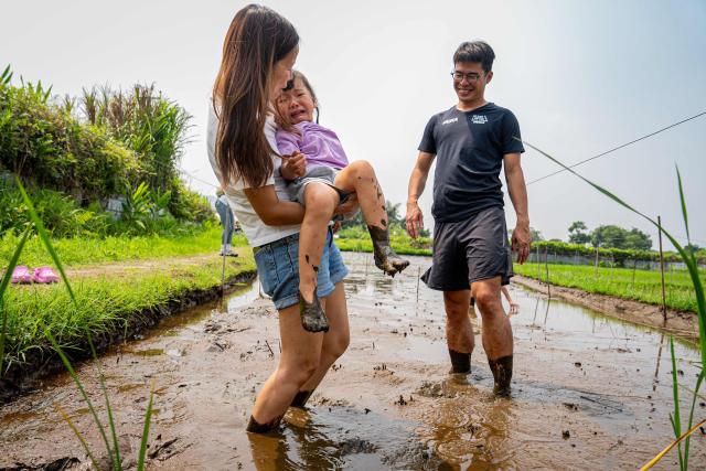 Participants gradually enter a muddy field for a trial experience ahead of an organised event, involving mud races and wrestling matches, in Hong Kong on April 18, 2026. (Photo by Leung Man Hei / AFP)