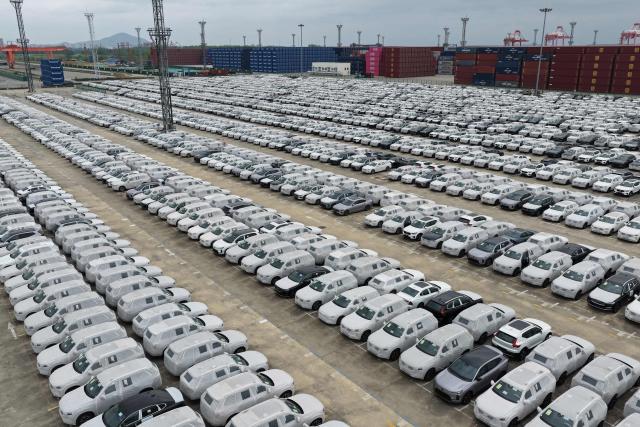 This aerial photo taken on April 20, 2026 shows Volvo cars at a port in Nanjing, in China’s eastern Jiangsu province. (Photo by CN-STR / AFP) / China OUT