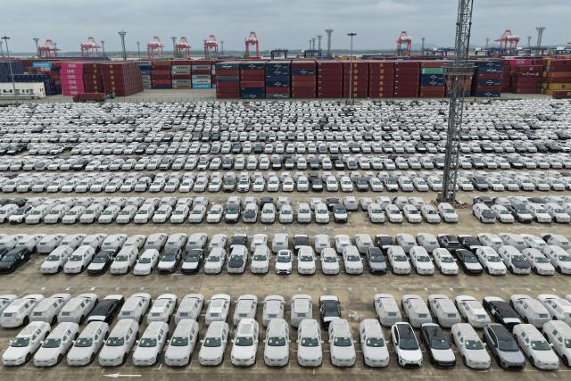 This aerial photo taken on April 20, 2026 shows Volvo cars at a port in Nanjing, in China’s eastern Jiangsu province. (Photo by CN-STR / AFP) / China OUT