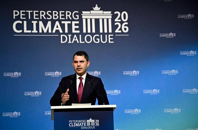 Turkey's Minister of Environment, Urbanization and Climate Change Murat Kurum addresses delegates at the start of the Petersberg Climate Dialogue (PCD) conference, on April 21, 2026 at the Westhafen Convention Center (WECC) in Berlin. The PCD is a meeting of representatives from selected countries to prepare the yearly UN Climate Change Conferences. The COP31 UN Climate Change Conference will be held in Antalya, Turkey, from November 9 to 20, 2026. (Photo by Tobias SCHWARZ / AFP)