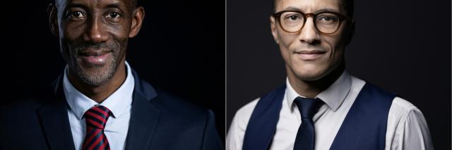 (COMBO) This combination of pictures created on April 21, 2026 shows La France Insoumise (LFI) candidate for mayor of Saint Denis, Bally Bagayoko (L) posing during a photo session in Paris, on December 11, 2025 and Mayor of Saint-Ouen-sur-Seine, Karim Bouamrane posing during a photo session in his office in Saint-Ouen-sur-Seine, northern surburb of Paris, on February 15, 2024. One month after taking the Saint-Denis City Hall from the Socialist Party, Bally Bagayoko is running on April 21, 2026 for the presidency of one of the largest intermunicipal communities in the Paris region, a position being contested at the last minute by the Socialist mayor of Saint-Ouen, Karim Bouamrane. (Photo by JULIEN DE ROSA and JOEL SAGET / AFP)