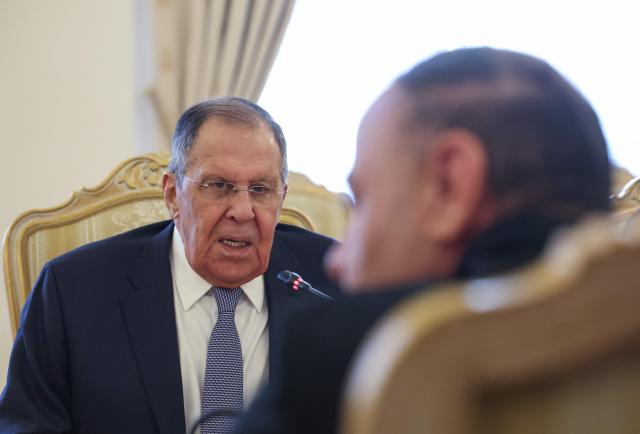Russian Foreign Minister Sergei Lavrov attends a meeting with Libya's acting Foreign Minister at Zinaida Morozova's Mansion in Moscow on April 21, 2026. (Photo by MAXIM SHIPENKOV / POOL / AFP)