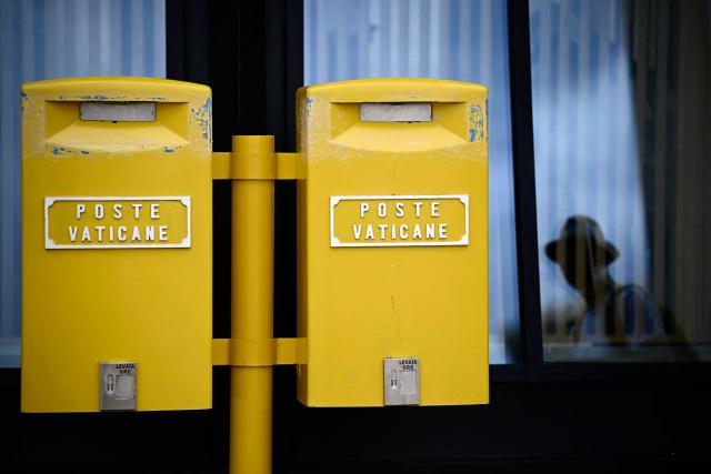 A picture shows mailboxes of the Vatican Post (Poste Vaticane) at St Peter's square in the Vatican, on April 21, 2026. (Photo by Filippo MONTEFORTE / AFP)