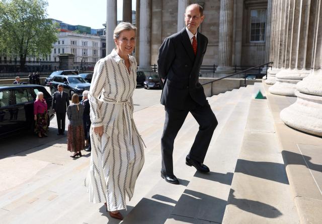 Britain's Prince Edward, Duke of Edinburgh and Britain's Sophie, Duchess of Edinburgh arrive at the British Museum to view the final design for the Queen Elizabeth Memorial, in central London on April 21, 2026, on the day marking what would have been the late monarch's 100th birthday. (Photo by Toby Melville / POOL / AFP)