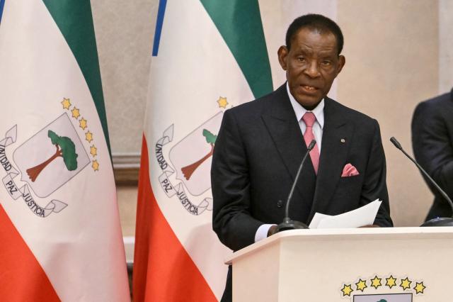 Equatorial Guinea's President Teodoro Obiang Nguema Mbasogo speaks as he attends a meeting  with Pope Leo XIV and with authorities, civil society and the diplomatic corps at the Presidential Palace in Malabo on the ninth day of an 11-day apostolic journey to Africa, on April 21, 2026. (Photo by Alberto PIZZOLI / AFP)