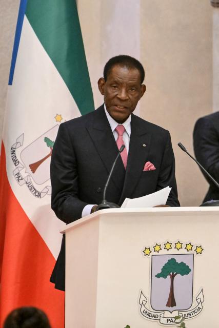 Equatorial Guinea's President Teodoro Obiang Nguema Mbasogo speaks as he attends a meeting  with Pope Leo XIV and with authorities, civil society and the diplomatic corps at the Presidential Palace in Malabo on the ninth day of an 11-day apostolic journey to Africa, on April 21, 2026. (Photo by Alberto PIZZOLI / AFP)