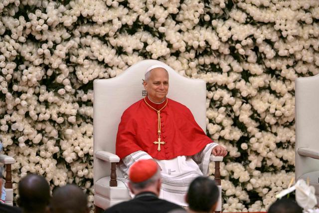 Pope Leo XIV meets with authorities, civil society and the diplomatic corps at the Presidential Palace in Malabo on the ninth day of an 11-day apostolic journey to Africa, on April 21, 2026. (Photo by Alberto PIZZOLI / AFP)