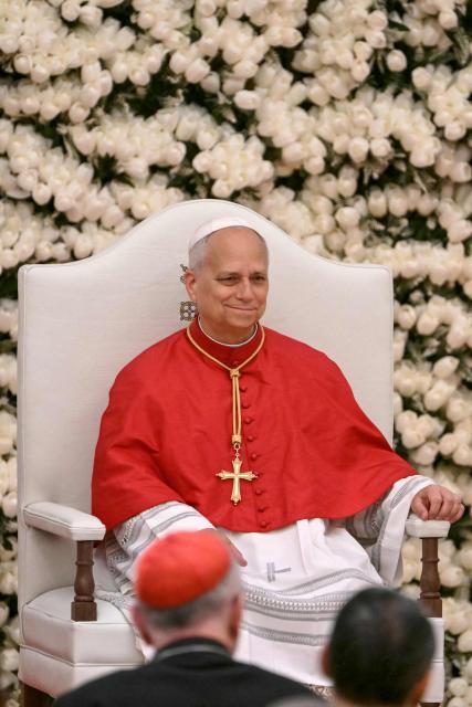 Pope Leo XIV meets with authorities, civil society and the diplomatic corps at the Presidential Palace in Malabo on the ninth day of an 11-day apostolic journey to Africa, on April 21, 2026. (Photo by Alberto PIZZOLI / AFP)