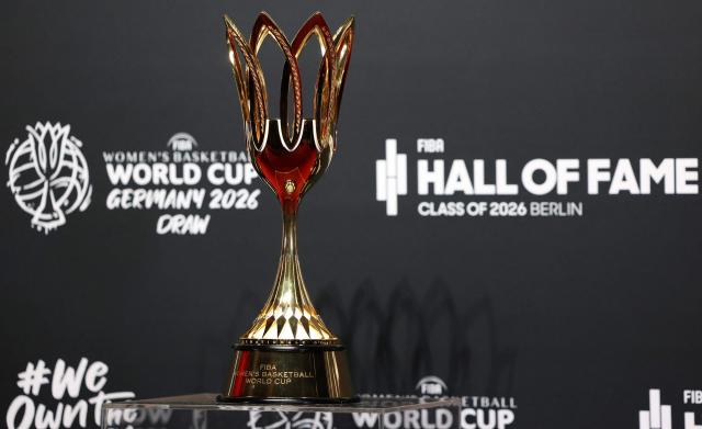 The FIBA Women's Basketball World Cup trophy is displayed prior to the FIBA Women's Basketball 2026 World Cup draw in Berlin on April 21, 2026. The final round of the 2026 FIBA Women's Basketball World Cup is scheduled to take place in September 2026 in Berlin. (Photo by Odd ANDERSEN / AFP)