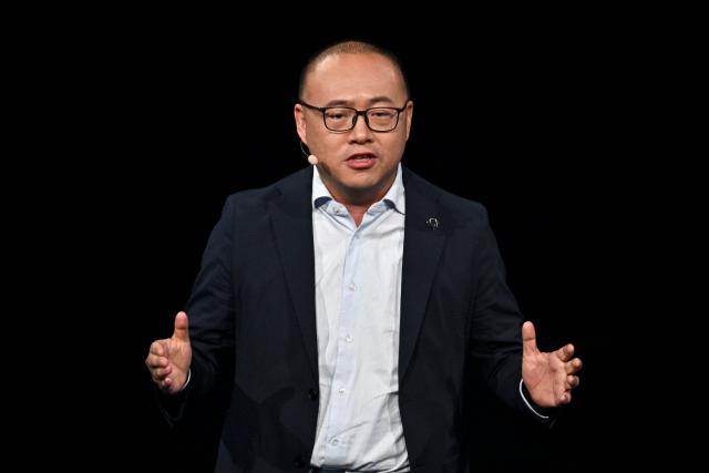 Yu Kai, CEO of China-based Horizon Robotics speaks during the Volkswagen Group Media Night event ahead of the Beijing Auto Show in Beijing on April 21, 2026. (Photo by Pedro PARDO / AFP)