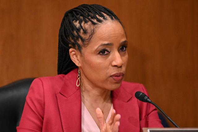 US Senator Angela Alsobrooks, Democrat from Maryland, questions Kevin Warsh, nominee for US Federal Reserve Chair, during a Senate Banking Committee hearing on Warsh's nomination on Capitol Hill in Washington, DC, on April 21, 2026. Warsh, President Donald Trump's choice to lead the US Federal Reserve, vowed Tuesday to protect central bank independence at his confirmation hearing, despite intense pressure from the president. The hearing will be scrutinized as it marks a key hurdle that Warsh must overcome to succeed Fed Chair Jerome Powell when his term ends on May 15. (Photo by Mandel NGAN / AFP)