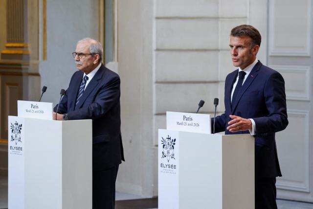 France's President Emmanuel Macron (R) and Lebanon's Prime Minister Nawaf Salam attend a joint declaration press event following their meeting at the Elysee Presidential Palace in Paris on April 21, 2026. (Photo by Ludovic MARIN / POOL / AFP)