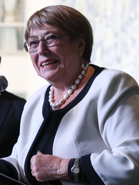 Former Chilean president Michelle Bachelet speaks to the press after a hearing to be considered as the next Secretary-General of the United Nations at the UN Headquarters in New York, on April 21, 2026. Bachelet is among four candidates vying for the position currently held by Portugal's Antonio Guterres. (Photo by TIMOTHY A. CLARY / AFP)