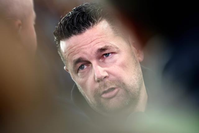 Lens' French head coach Pierre Sage arrives for the French Cup semi-final football match between and RC Lens and Toulouse FC at the Stade Bollaert-Delelis in Lens, northern France on April 21, 2026. (Photo by Sameer AL-DOUMY / AFP)