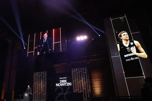German former basketball player Dirk Nowitzki speaks after receiving his award at the International Basketball Federation FIBA Hall of Fame 2026 Induction ceremony in Berlin on April 21, 2026. (Photo by Odd ANDERSEN / AFP)