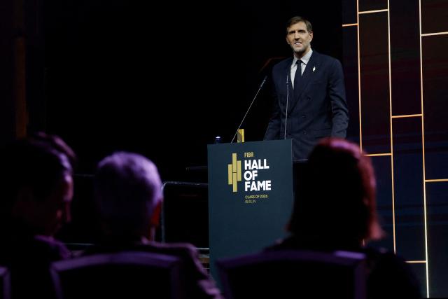 German former basketball player Dirk Nowitzki speaks after receiving his award at the International Basketball Federation FIBA Hall of Fame 2026 Induction ceremony in Berlin on April 21, 2026. (Photo by Odd ANDERSEN / AFP)