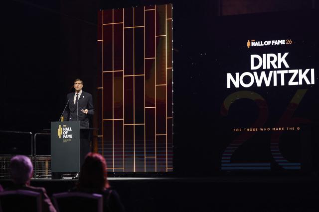 German former basketball player Dirk Nowitzki speaks after receiving his award at the International Basketball Federation FIBA Hall of Fame 2026 Induction ceremony in Berlin on April 21, 2026. (Photo by Odd ANDERSEN / AFP)