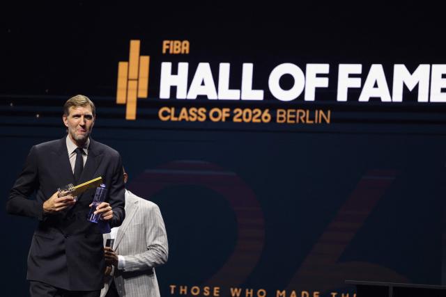 German former basketball player Dirk Nowitzki after receiving his award at the International Basketball Federation FIBA Hall of Fame 2026 Induction ceremony in Berlin on April 21, 2026. (Photo by Odd ANDERSEN / AFP)