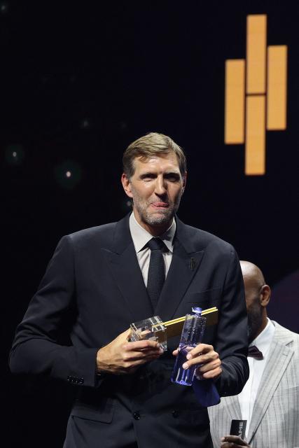 German former basketball player Dirk Nowitzki after receiving his award at the International Basketball Federation FIBA Hall of Fame 2026 Induction ceremony in Berlin on April 21, 2026. (Photo by Odd ANDERSEN / AFP)