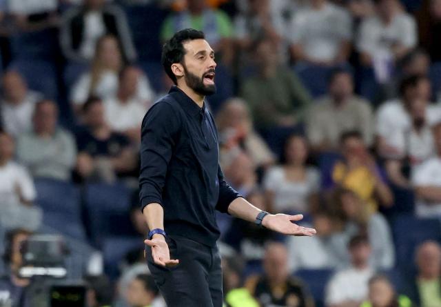 Real Madrid's Spanish coach Alvaro Arbeloa gestures on the touchline during the Spanish league football match between Real Madrid CF and Deportivo Alaves at the Santiago Bernabeu stadium in Madrid on April 21, 2026. (Photo by Pierre-Philippe MARCOU / AFP)