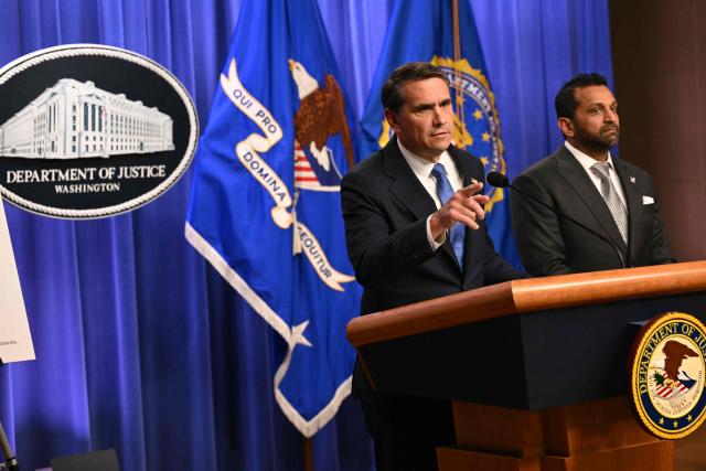 Acting US Attorney General Todd Blanche speaks during a press conference with FBI Director Kash Patel next to him, at the Department of Justice in Washington, DC, on April 21, 2026. The US Department of Justice announced April 21, that the Southern Poverty Law Center, a civil rights group that is known for tracking the activities of hate groups, is under investigation for secretly funneling funds to white supremacist groups. (Photo by Mandel NGAN / AFP)