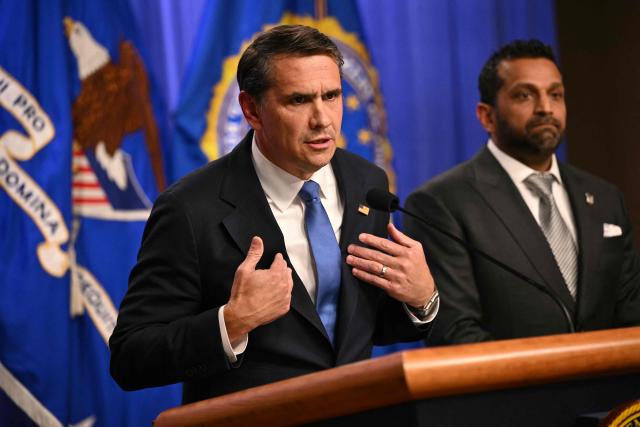 Acting US Attorney General Todd Blanche speaks during a press conference with FBI Director Kash Patel next to him, at the Department of Justice in Washington, DC, on April 21, 2026. The US Department of Justice announced April 21, that the Southern Poverty Law Center, a civil rights group that is known for tracking the activities of hate groups, is under investigation for secretly funneling funds to white supremacist groups. (Photo by Mandel NGAN / AFP)