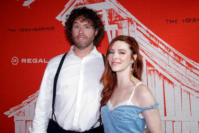 US actor and comedian T.J. Miller (L) and his wife US actress Kate Gorney-Miller attend the premiere of Angel Studios' "Animal Farm" at Regal Theatre Battery Park in New York on April 21, 2026. (Photo by Leonardo MUNOZ / AFP)