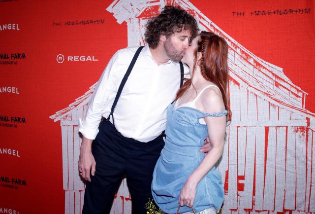US actor and comedian T.J. Miller (L) and his wife US actress Kate Gorney-Miller attend the premiere of Angel Studios' "Animal Farm" at Regal Theatre Battery Park in New York on April 21, 2026. (Photo by Leonardo MUNOZ / AFP)