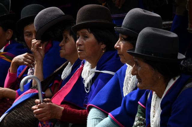 Misak Indigenous women protest to demand compliance with agreements reached with the government regarding their territories outside the Ministry of Foreign Affairs in Bogota on April 21, 2026. (Photo by Raul ARBOLEDA / AFP)