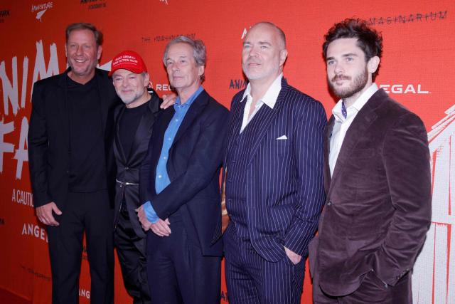 (L-R) US film producer Dave Rosenbaum, British actor and director Andy Serkis, British film producer Jonathan Cavendish, producers Phil Robertson and Adam Nagle attend the premiere of Angel Studios' "Animal Farm" at Regal Theatre Battery Park in New York on April 21, 2026. (Photo by Leonardo MUNOZ / AFP)