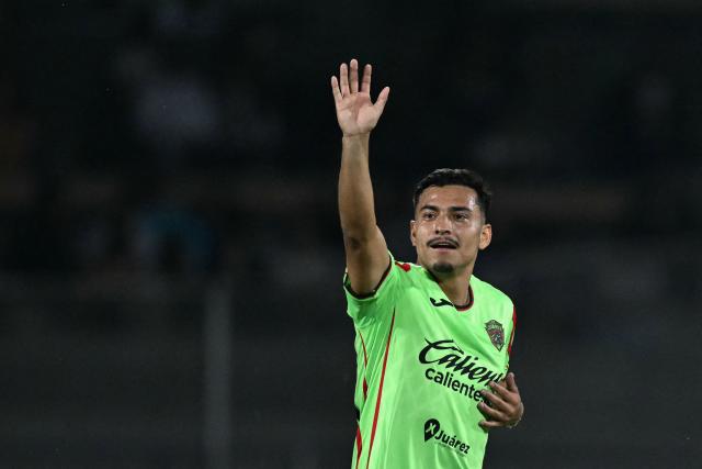 Juarez's forward #20 Jairo Torres celebrates after scoring during a Pumas vs Juarez Mexican League football match in Mexico City on April 21, 2026. (Photo by YURI CORTEZ / AFP)