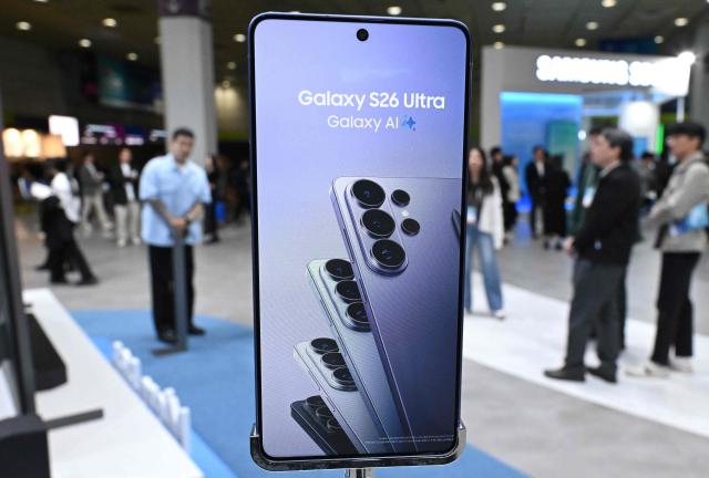 A Galaxy S26 Ultra smartphone is displayed at the Samsung booth during the 2026 World IT Show in Seoul on April 22, 2026. (Photo by Jung Yeon-je / AFP)