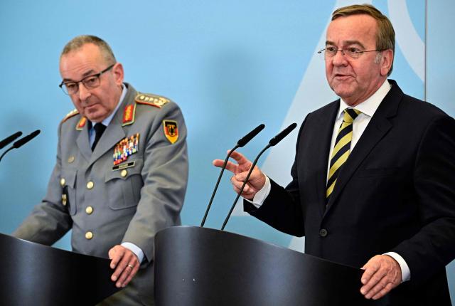 German Defence Minister Boris Pistorius (R) and the General Inspector of the German armed forces (Bundeswehr) Carsten Breuer give a press conference on the status of the Bundeswehr, on April 22, 2026 at the Defence Ministry in Berlin. (Photo by Tobias SCHWARZ / AFP)