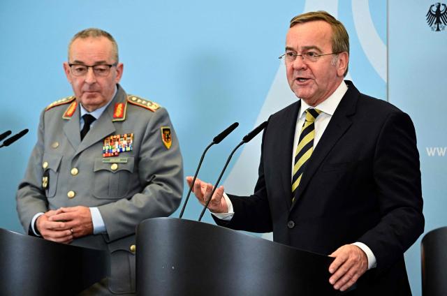 German Defence Minister Boris Pistorius (R) and the General Inspector of the German armed forces (Bundeswehr) Carsten Breuer give a press conference on the status of the Bundeswehr, on April 22, 2026 at the Defence Ministry in Berlin. (Photo by Tobias SCHWARZ / AFP)