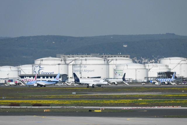 Oil tanks are pictured at the Frankfurt International airport on the day of the official inauguration of new Terminal 3 on April 22, 2026 in Frankfurt, western Germany. (Photo by Kirill KUDRYAVTSEV / AFP)