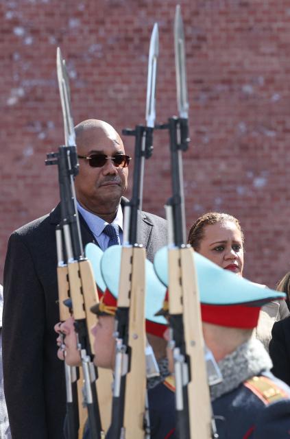 Seychelles' President Patrick Herminie attends a wreath-laying ceremony at the Tomb of the Unknown Soldier near the Kremlin wall in Moscow on April 22, 2026. (Photo by MAXIM SHIPENKOV / POOL / AFP)